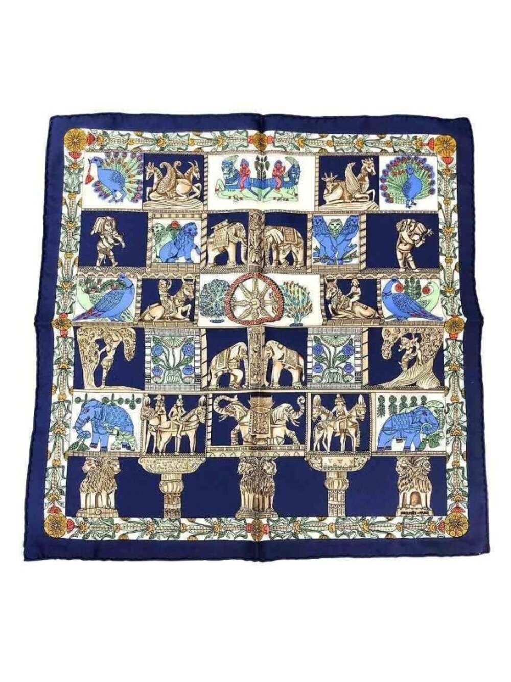 Hermes Carre 45 Scarf Torana Tower Gate Navy Silk